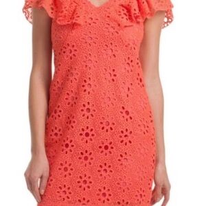 Women’s Trina Turk Neriah eyelet coral colored dress with deep v-neck